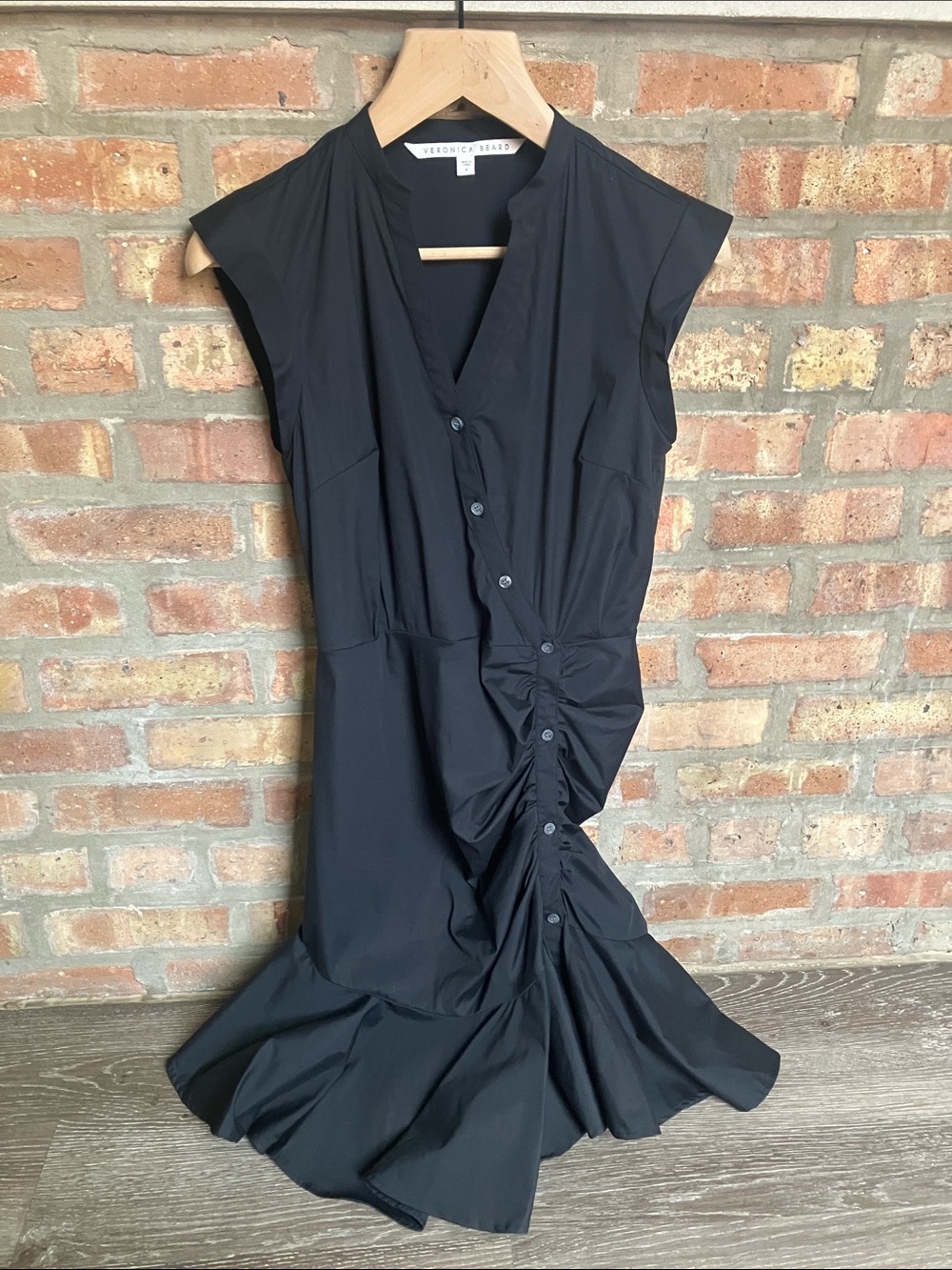 Veronica Beard Black Ruched Button-Front Midi Dress